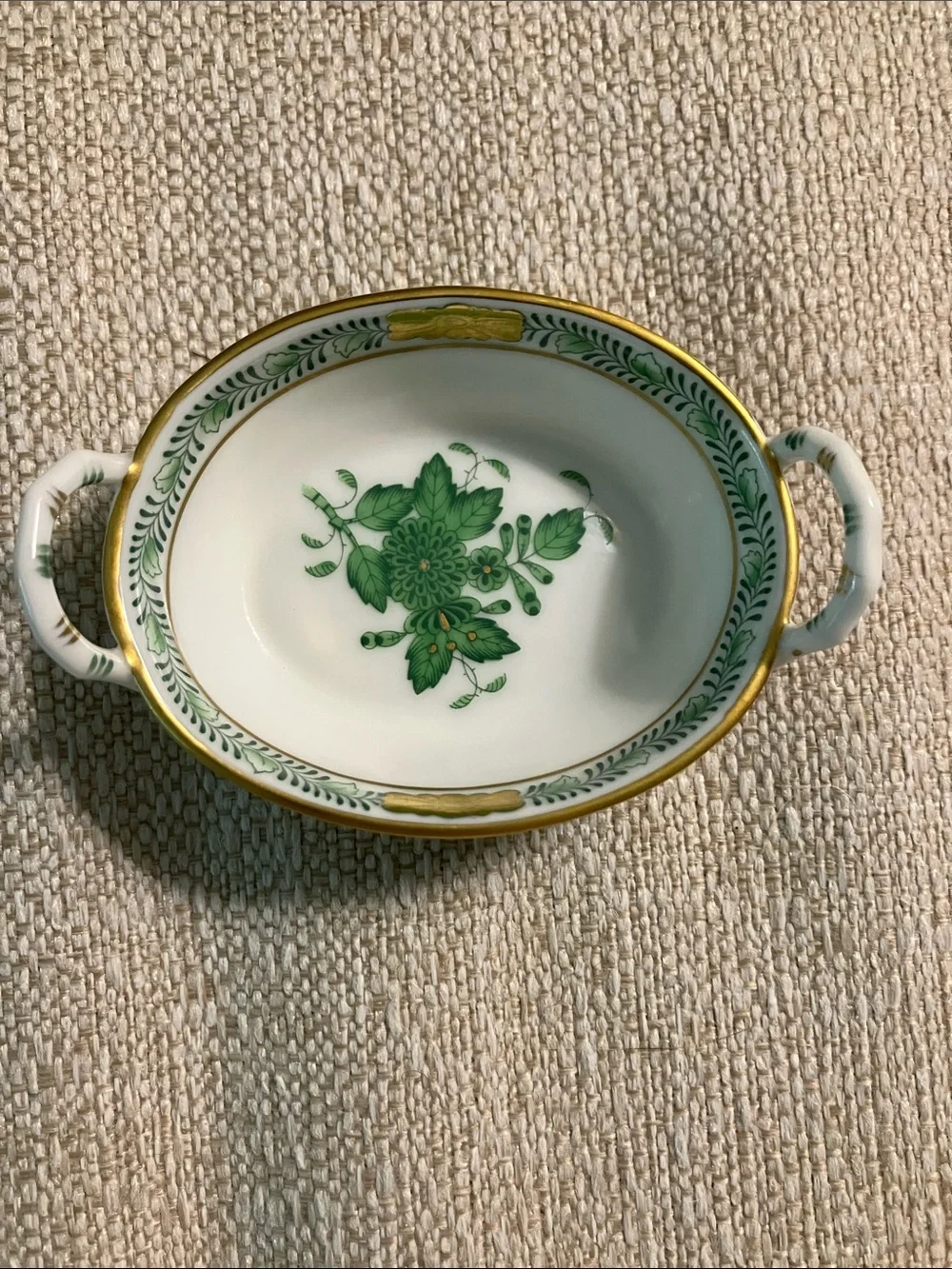 HEREND Hvngary Green Floral Porcelain small trinket tray with Handles